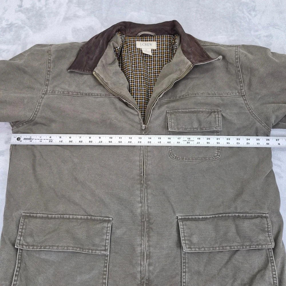 J Crew Mens Barn Jacket XL Olive Drab Canvas Leather Collar Plaid Field Coat